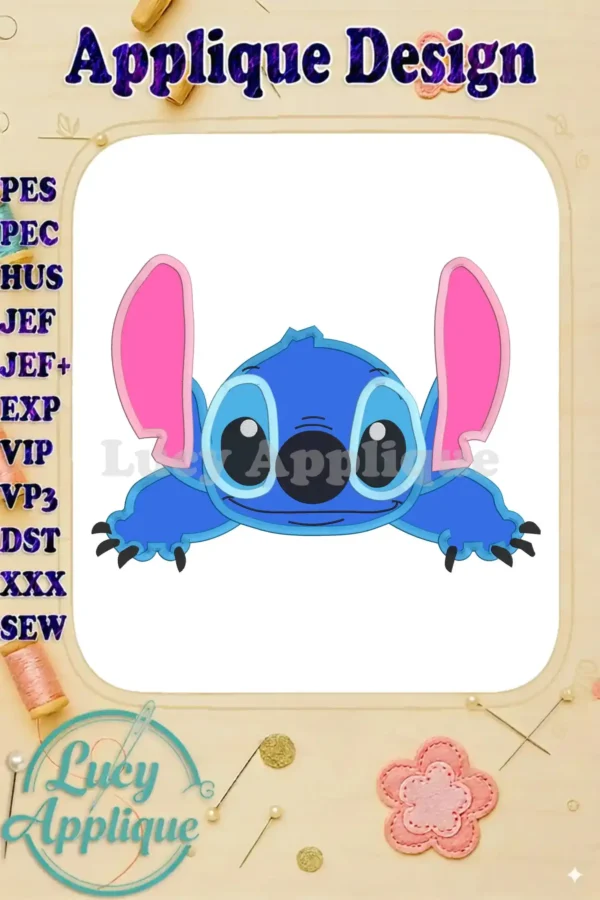 Adorable applique embroidery design of Stitch from Lilo & Stitch, shown peeking over the edge. Includes various file formats for different embroidery machines.