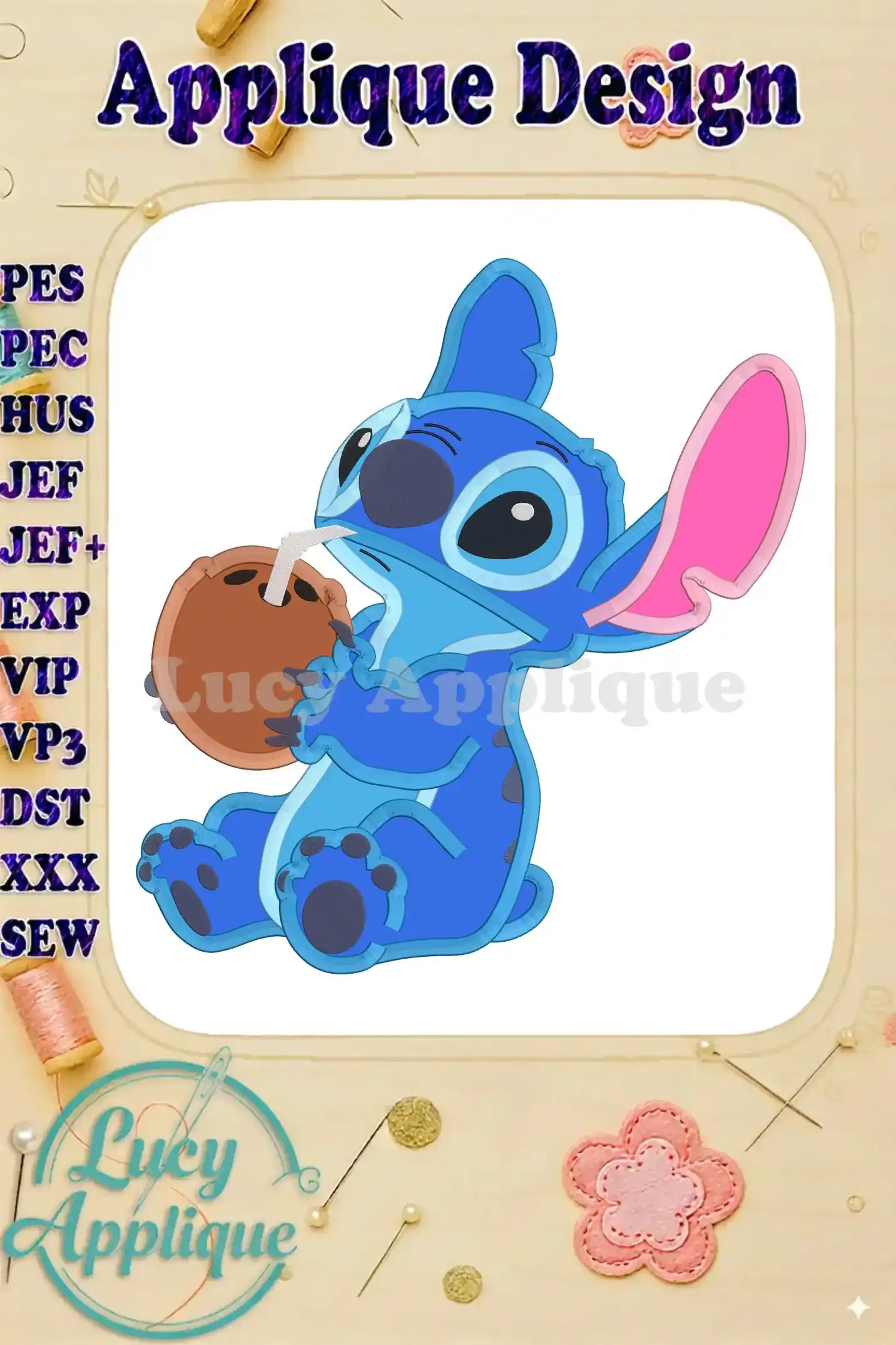 Embroidery design of Stitch from Lilo & Stitch enjoying a coconut drink; a charming applique design in blue, pink and brown tones.