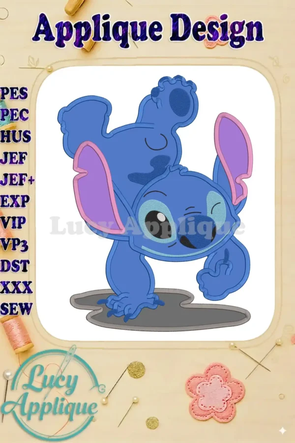 A playful Lilo & Stitch applique embroidery design, showcasing Stitch in a fun pose. The design is presented on a white background with various embroidery file formats listed.