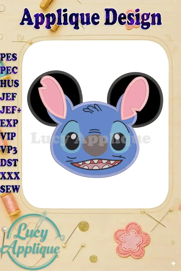 Applique design of Lilo & Stitch's ears. Blue Stitch face with pink ears in a Mickey Mouse style. Includes detailed instructions.