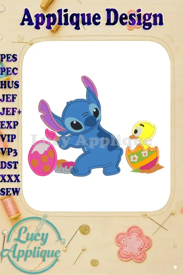 Charming Easter applique design featuring Lilo and Stitch, showcasing Stitch painting an egg and a chick hatching from an egg. Perfect for Easter projects!