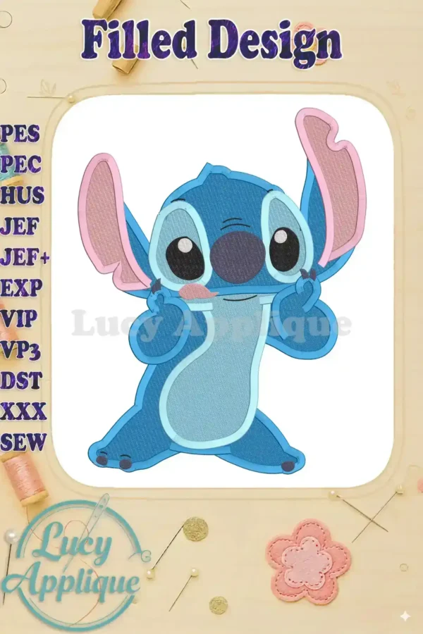 Embroidery design of Lilo & Stitch, a filled design showing Stitch in a cute pose. The design is shown on a light wood background with embroidery floss and embellishments.