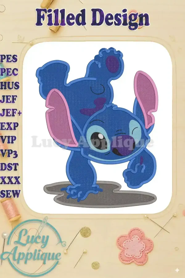 Embroidery design of Lilo & Stitch in a playful pose, ready to be stitched. The design is filled and features vibrant colors.