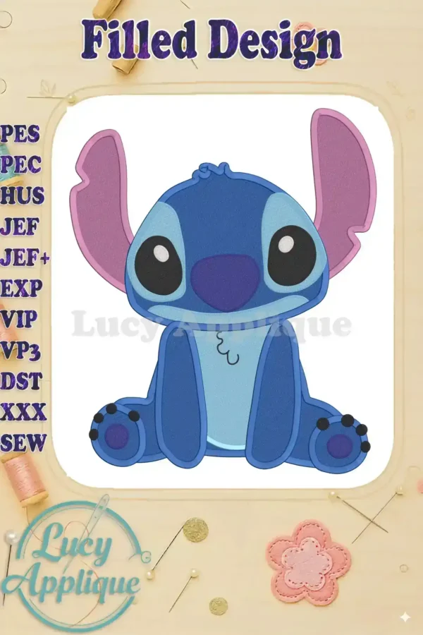 Embroidery design of Lilo & Stitch, sitting, in blue and pink. A filled design with visible stitches. Perfect for applique projects.