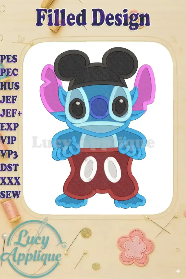 Embroidery design of Stitch from Lilo & Stitch dressed in Mickey Mouse attire. The design is filled and features vibrant colors, suitable for various projects.
