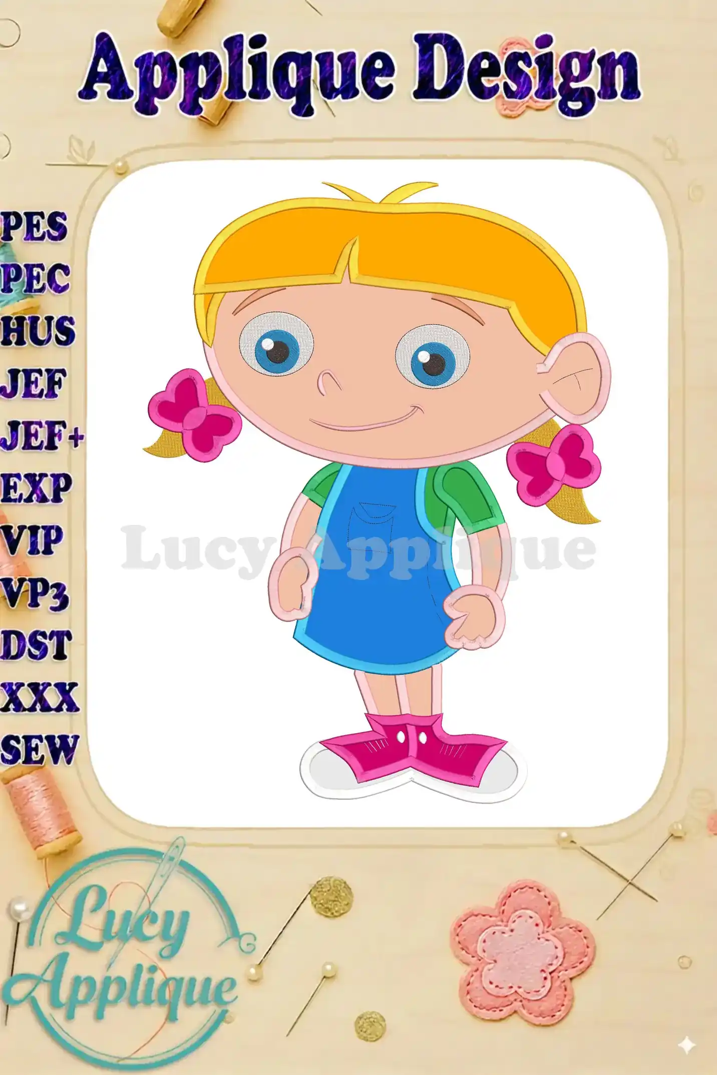 Adorable applique embroidery design of Annie from Little Einsteins. The design includes detailed stitching instructions and color charts for easy completion. Perfect for adding a playful touch to any project!