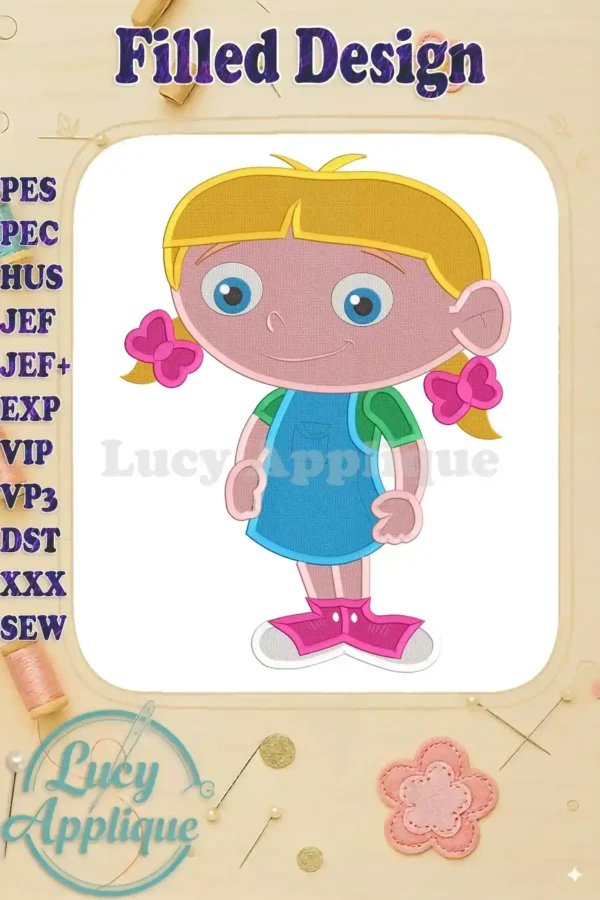 Little Einsteins character Annie filled embroidery design. Colorful, detailed, and ready to stitch. Perfect for adding a fun touch to any project.