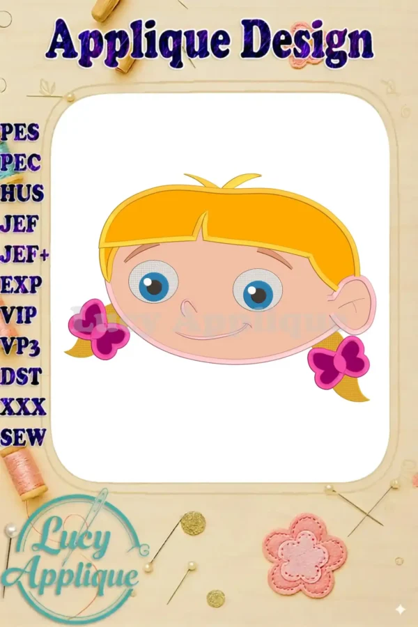 Embroidery design of Annie from Little Einsteins, featuring her signature blonde hair and pink bows. A charming applique perfect for kids' projects.