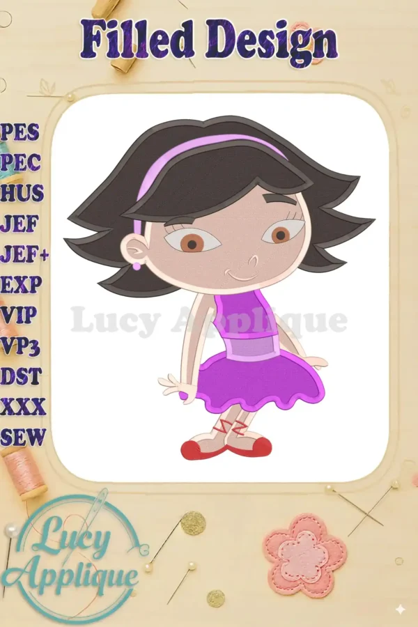 Embroidery design of June from Little Einsteins, showcasing a filled design with vibrant purple dress and dark hair. Perfect for adding a playful touch to your projects.