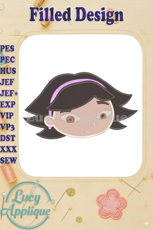 Embroidery design of June's head from Little Einsteins, showcasing a filled stitch style. The design is presented on a white background within a decorative frame.