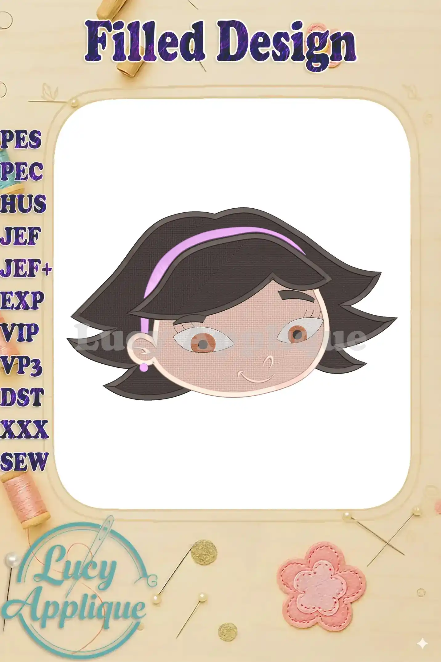 Embroidery design of June's head from Little Einsteins, showcasing a filled stitch style. The design is presented on a white background within a decorative frame.