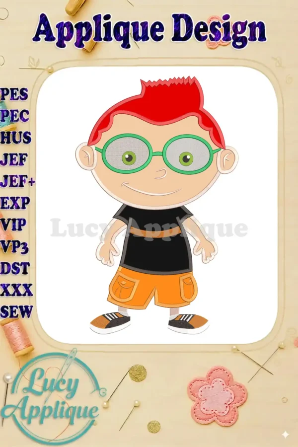 Embroidery design of Leo from Little Einsteins, showcasing his signature red hair, glasses, and outfit. The design is presented as an applique, suitable for sewing onto various fabrics.