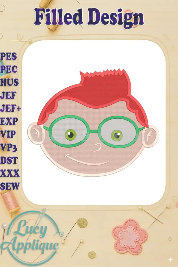 Embroidery design of Leo's head from Little Einsteins, showcasing vibrant red hair, green glasses, and a cheerful expression. Filled stitch style, perfect for kids' apparel.