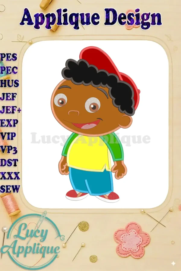 Applique design of Quincy from Little Einsteins. The design shows Quincy in his signature outfit, ready to be embroidered. Includes various file formats.