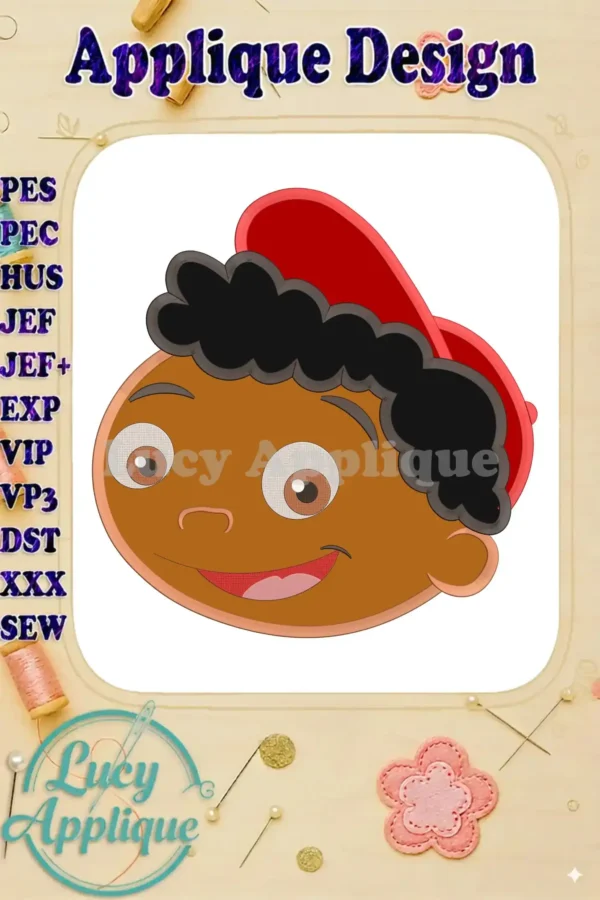 Adorable applique design of Quincy from Little Einsteins, ready to be stitched. The design shows Quincy's smiling face, wearing a red cap.