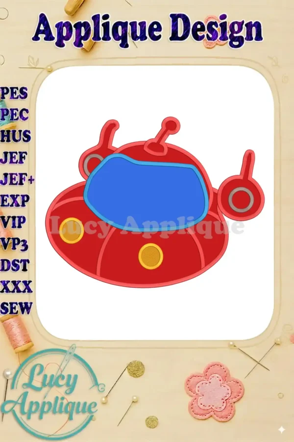 Little Einsteins Rocketship Applique Design. A cute red rocketship with blue window, yellow and orange details. Perfect for kids' projects. Easy to follow instructions included.