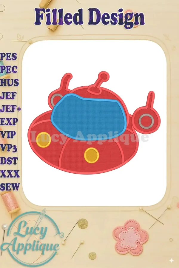 Little Einsteins rocketship embroidery design. Red rocketship with blue window and yellow details. Filled stitch style. Perfect for kids' projects.