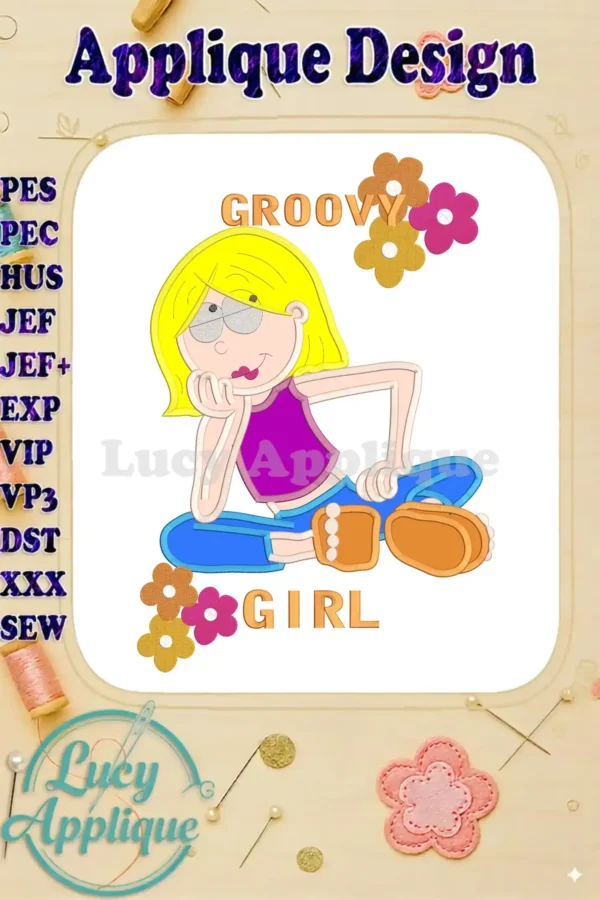 Embroidery design of Lizzie McGuire as a groovy girl, sitting cross-legged with flowers, in a retro style. The design is ready to be stitched using various embroidery machine formats.