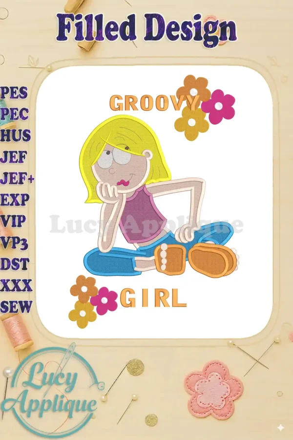 A cute Lizzie McGuire as a groovy girl in filled embroidery design, showcasing her signature blonde hair and 70s-inspired outfit. Perfect for adding a retro flair to your projects!