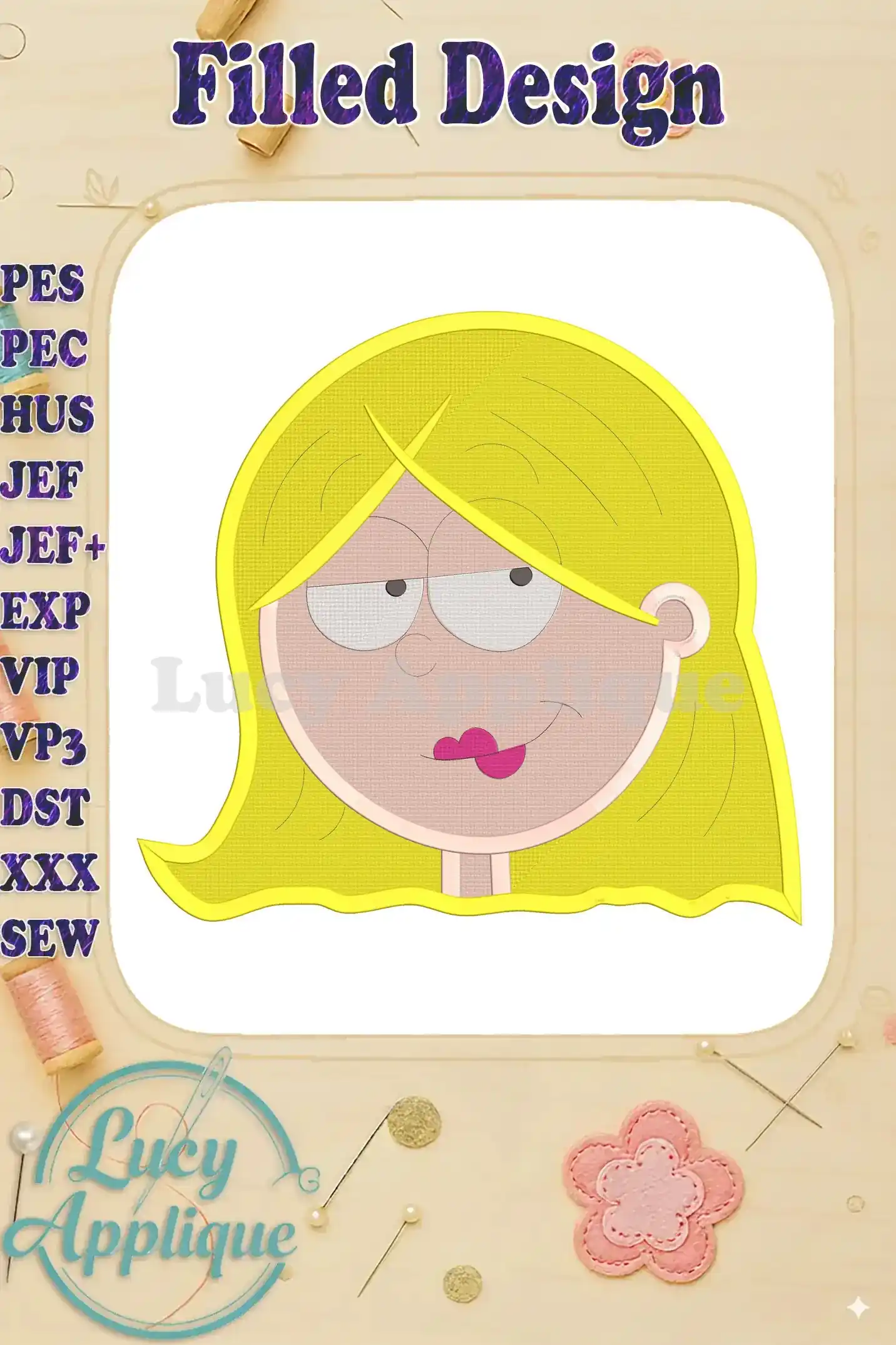 A filled embroidery design of Lizzie McGuire's head, featuring her signature blonde hair and expressive face. The design is set against a white background, with a simple border.