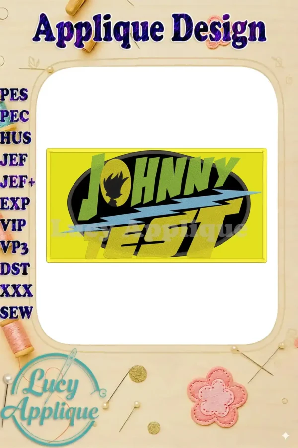 A vibrant yellow and black applique design of Johnny Test from the cartoon. The logo features Johnny's silhouette and the words "Johnny Test".
