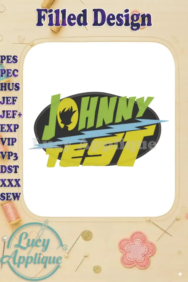 Embroidery design of Johnny Test's logo; a filled design with green, yellow, and blue, set against a black oval. Perfect for adding to clothing or accessories.