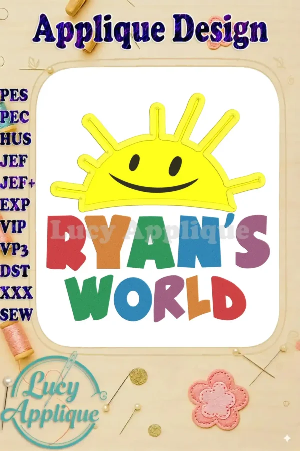 Embroidery design showcasing Ryan's World logo applique. Rainbow-colored lettering with a smiling sun. Perfect for customizing apparel.