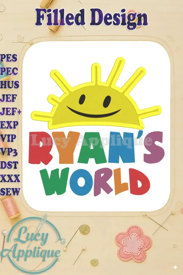 Ryan's World logo filled embroidery design. The design features Ryan's World logo with a sun and rainbow colors. Perfect for adding to clothing or accessories.