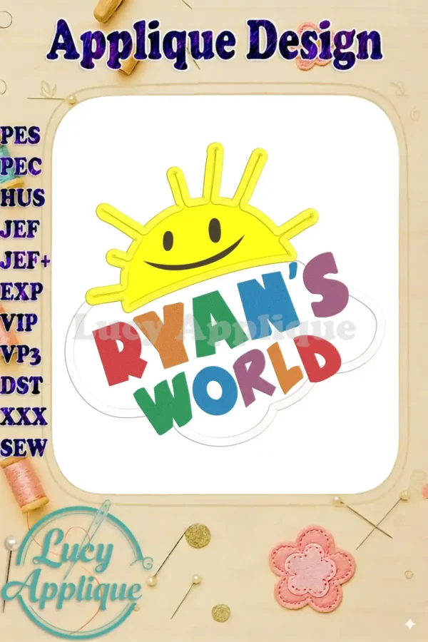 Ryan's World logo with a sun applique design. The design is colorful and features Ryan's World logo on a cloud with a smiling sun.