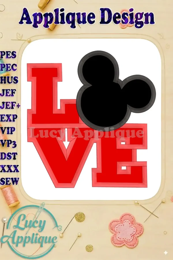 Main image showcasing a vibrant red "LOVE" applique embroidery design with a playful Mickey Mouse silhouette.