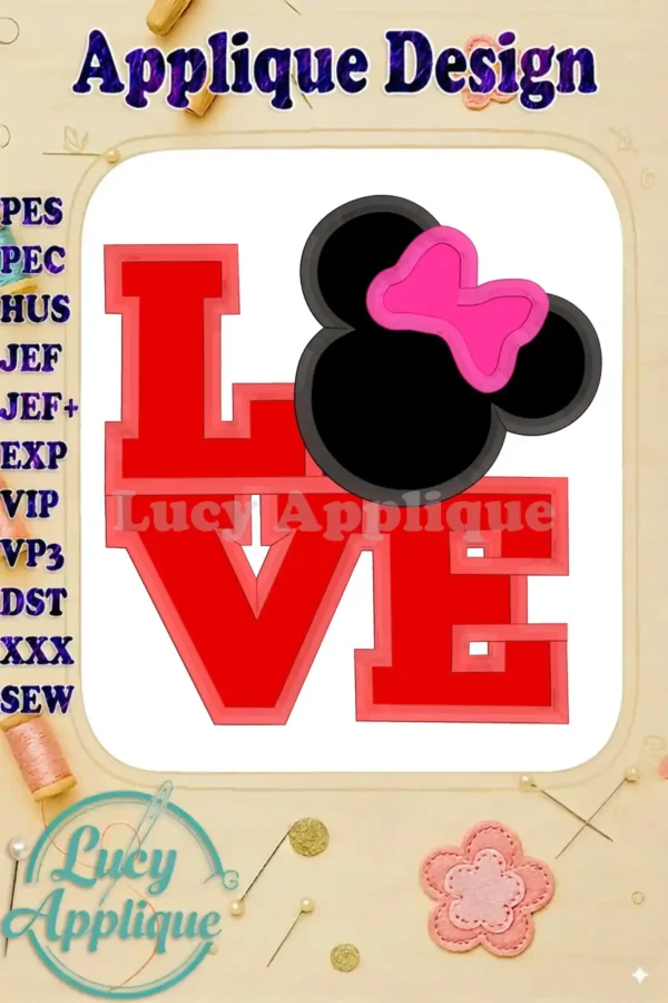 Minnie Mouse 'LOVE' applique embroidery design. Red lettering with Minnie's iconic ears and bow. High-quality design, perfect for apparel or home decor.