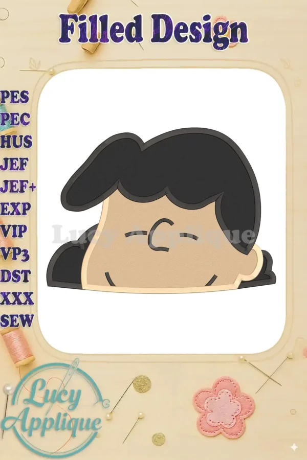 Main image showcasing a filled-stitch embroidery design of Lucy van Pelt from the Peanuts comic strip, ready to be stitched. The design is shown on a white background, with a simple border.