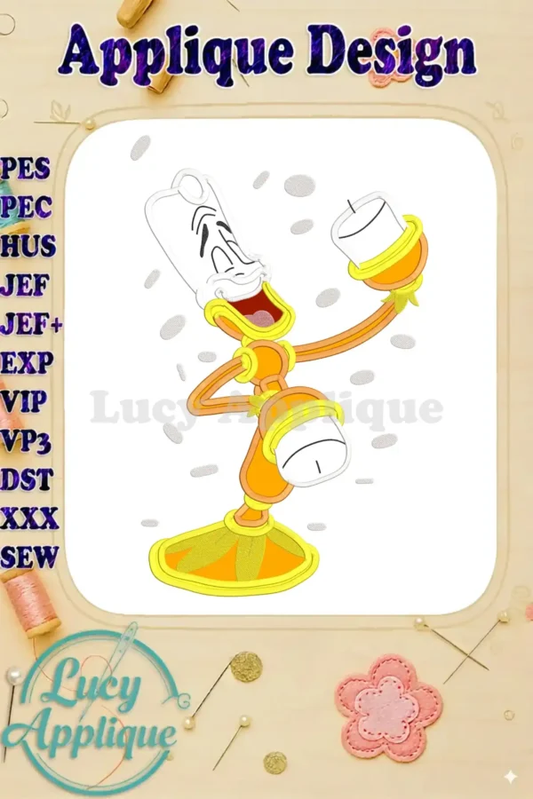 Lumiere, the candelabra from Beauty and the Beast, in an applique embroidery design. The design showcases vibrant colors and intricate details, ready to be stitched.