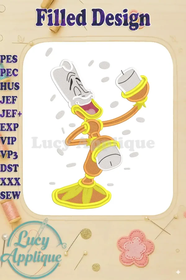A charming filled embroidery design of Lumiere from Disney's Beauty and the Beast. He's depicted in his candlestick form, cheerfully holding a candle.