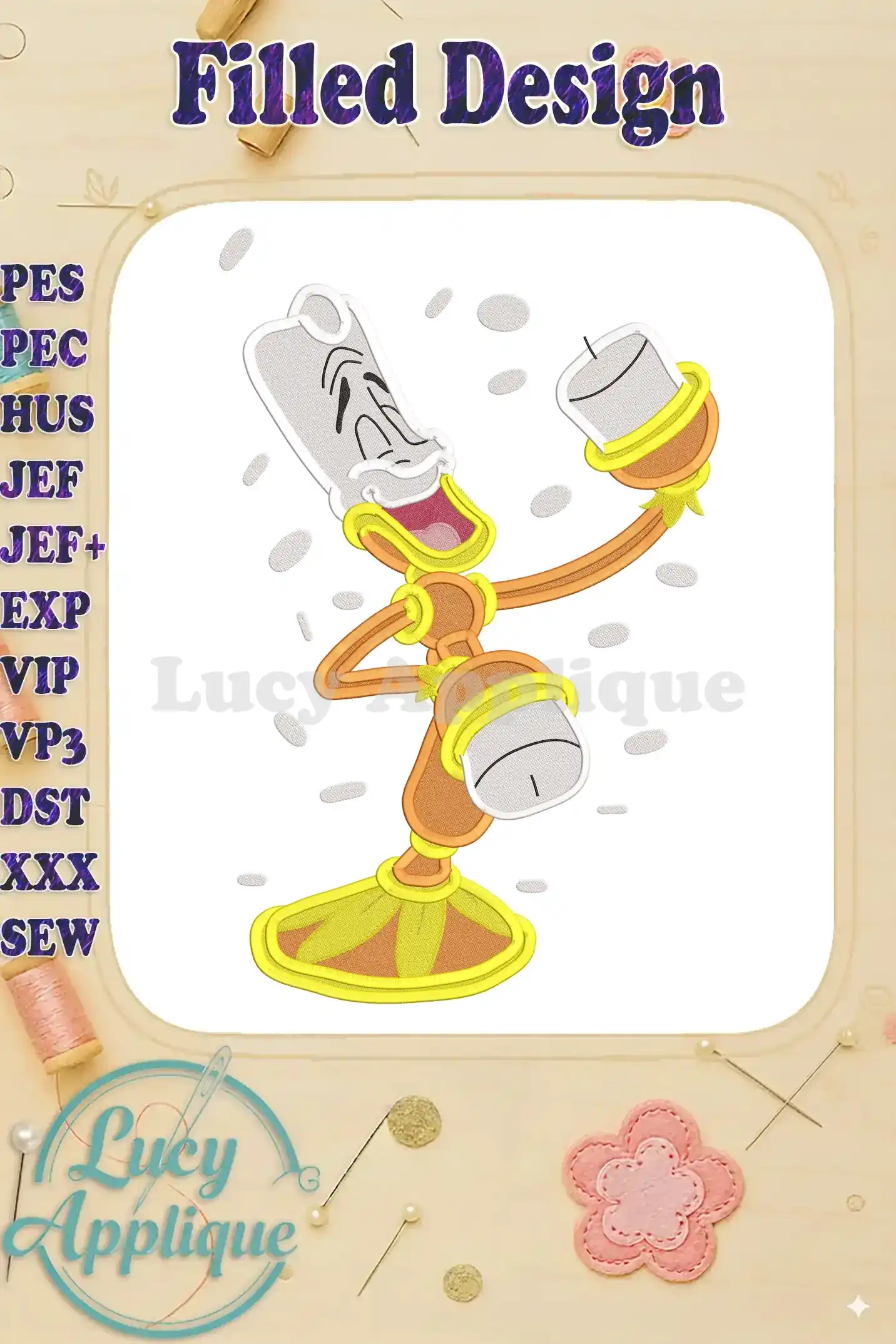A charming filled embroidery design of Lumiere from Disney's Beauty and the Beast. He's depicted in his candlestick form, cheerfully holding a candle.
