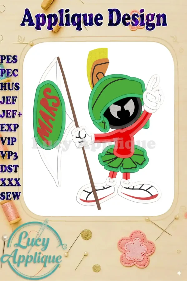 Main image showcasing the completed Marvin the Martian applique design, ready to be stitched. The design features Marvin holding a flag, with vibrant colors and fine details.