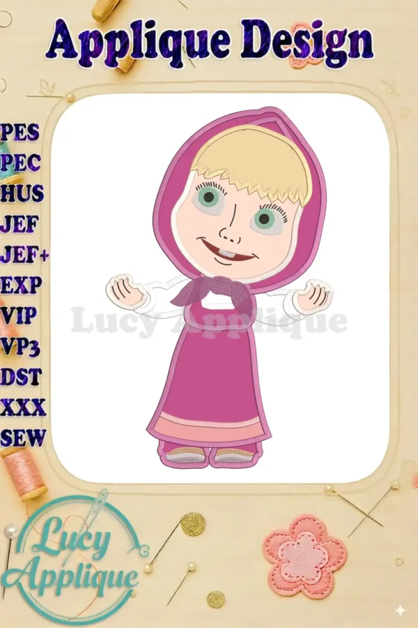 Embroidery design of Masha from Masha and the Bear, in pink and purple dress, with blonde hair and a cute expression, ready to be stitched.