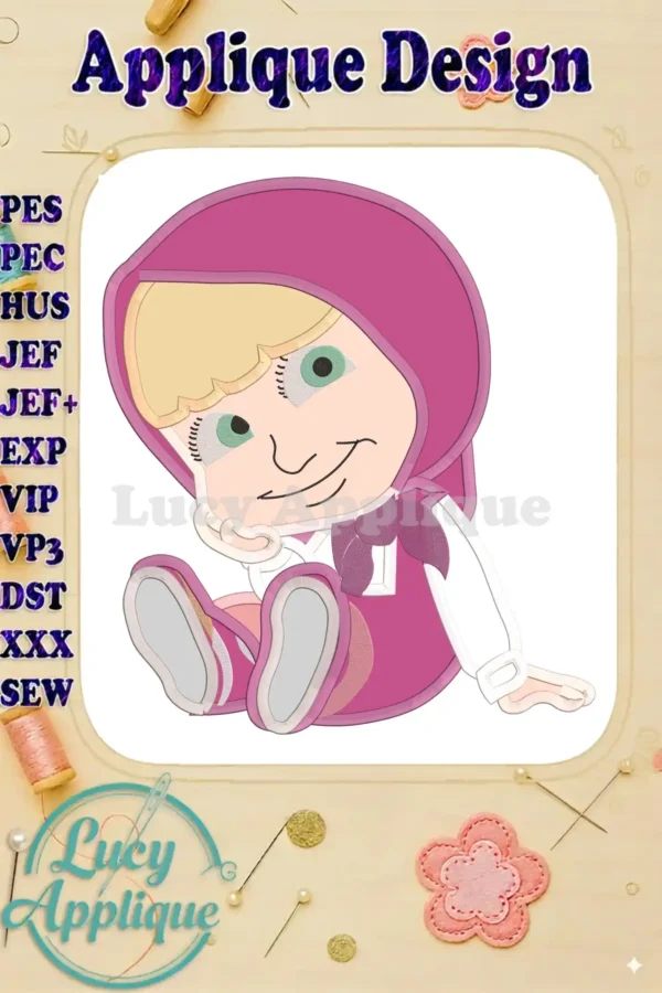 Embroidery design of Masha from Masha and the Bear, sitting and wearing a pink hooded dress. Applique design with various stitch types.