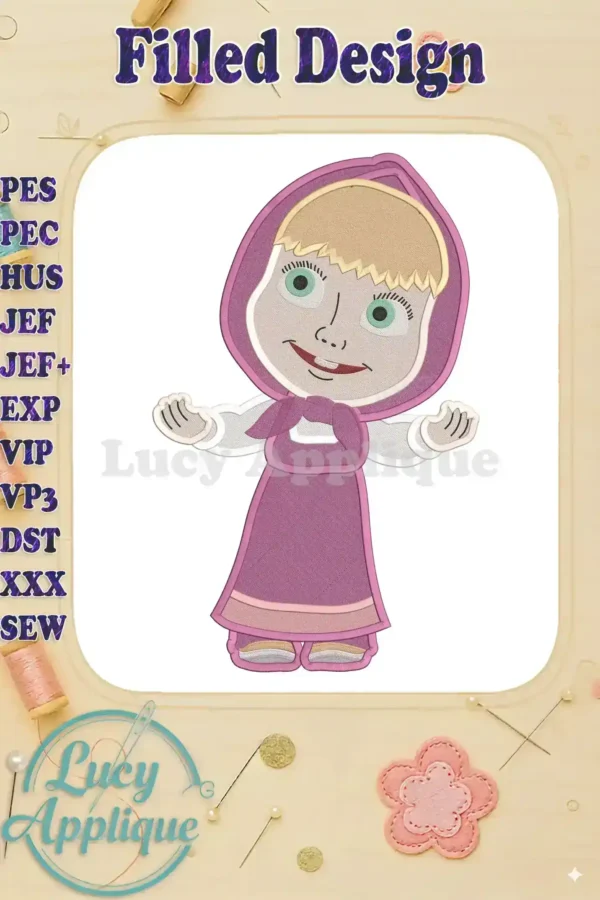 Masha from Masha and the Bear, in a filled embroidery design, shown in purple and pink, ready to be stitched. Several file formats are listed.
