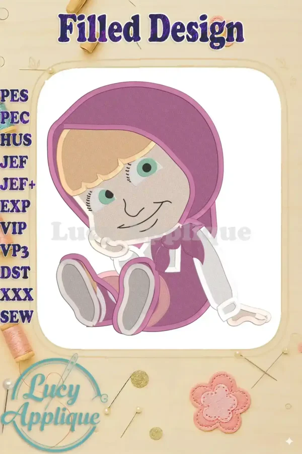 Embroidery design of Masha from Masha and the Bear, sitting down and smiling, in purple and white, ready to be stitched. Filled design.