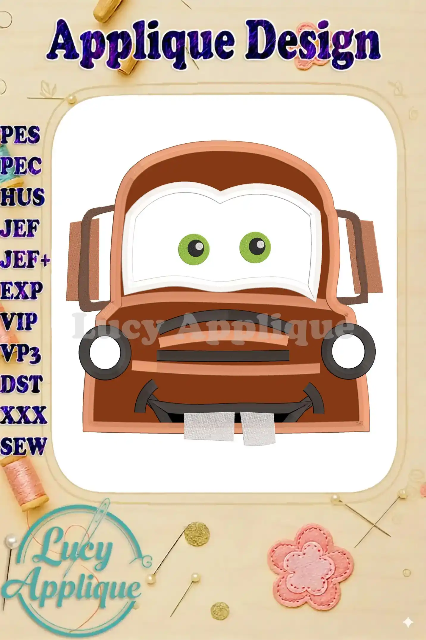 Mater Cars Applique Embroidery Design. A charming image showcasing a brown Mater truck applique design, ready to be stitched. Various file formats are listed.