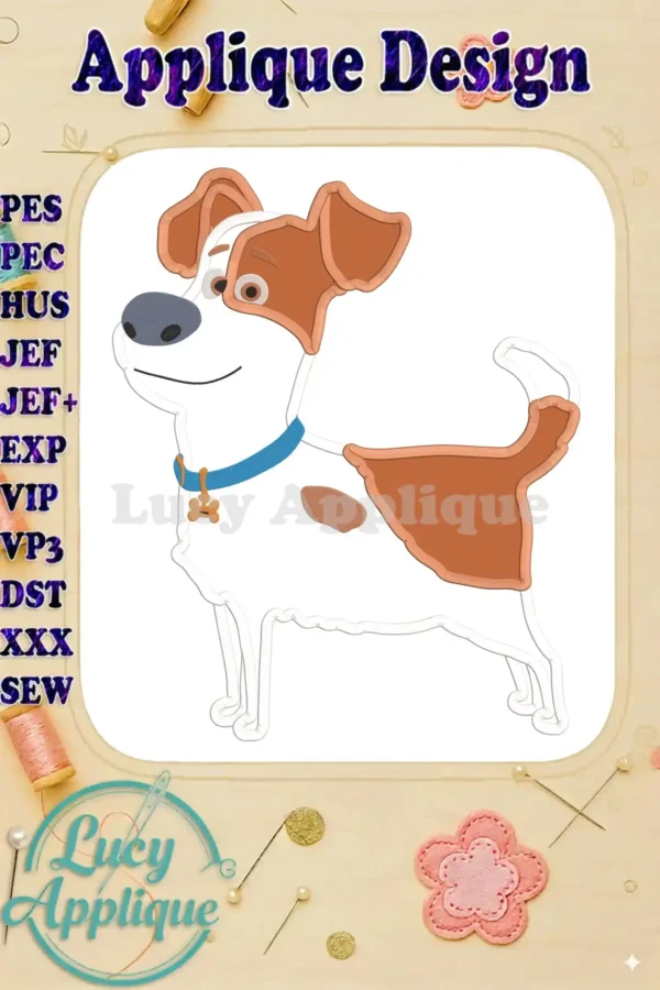 Applique design of Max, the Jack Russell Terrier from "The Secret Life of Pets." The design shows Max in a standing pose, wearing a blue collar. This image showcases the final embroidered product.
