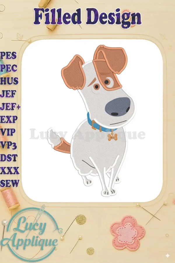 Embroidery design of Max, the Jack Russell Terrier from "The Secret Life of Pets". Sitting pose, detailed features, filled stitch style. Perfect for pet lovers!