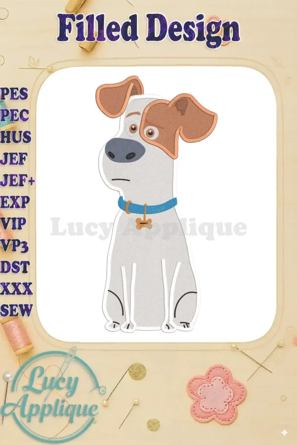 Embroidery design of Max, the Jack Russell Terrier from "The Secret Life of Pets," sitting and wearing a blue collar. High-quality filled stitch design, perfect for pet lovers.