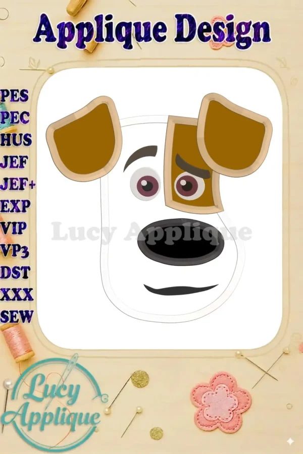 Max from 'The Secret Life of Pets' applique embroidery design. A charming dog head design, perfect for clothing, bags, or home decor. Easy to follow instructions included.