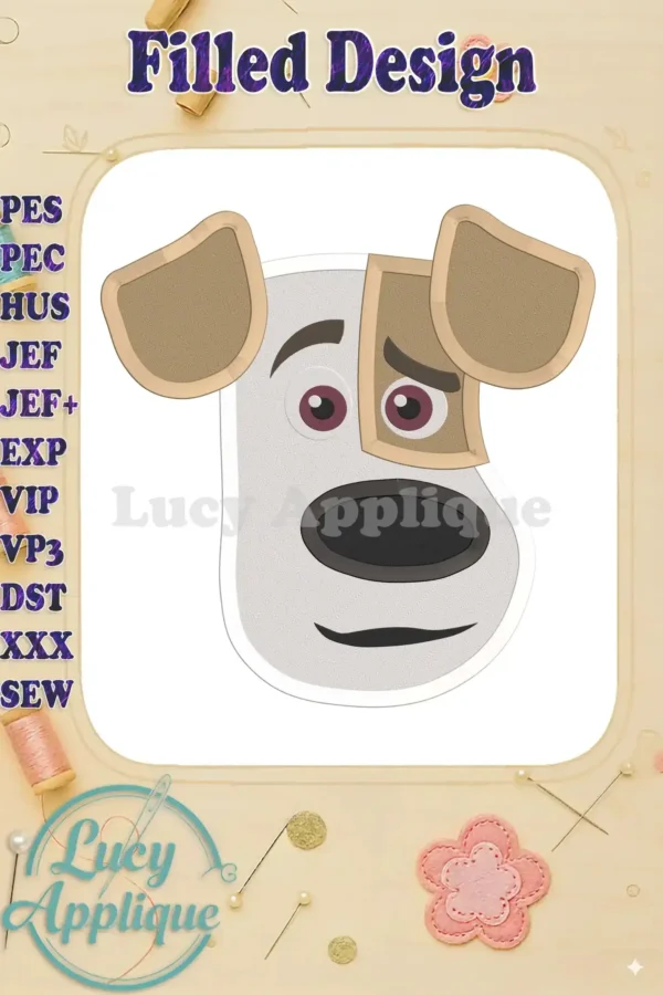 Max, the adorable dog from Secret Life of Pets, in a filled machine embroidery design. The image shows a preview of the finished design, with soft colors and a cute expression.