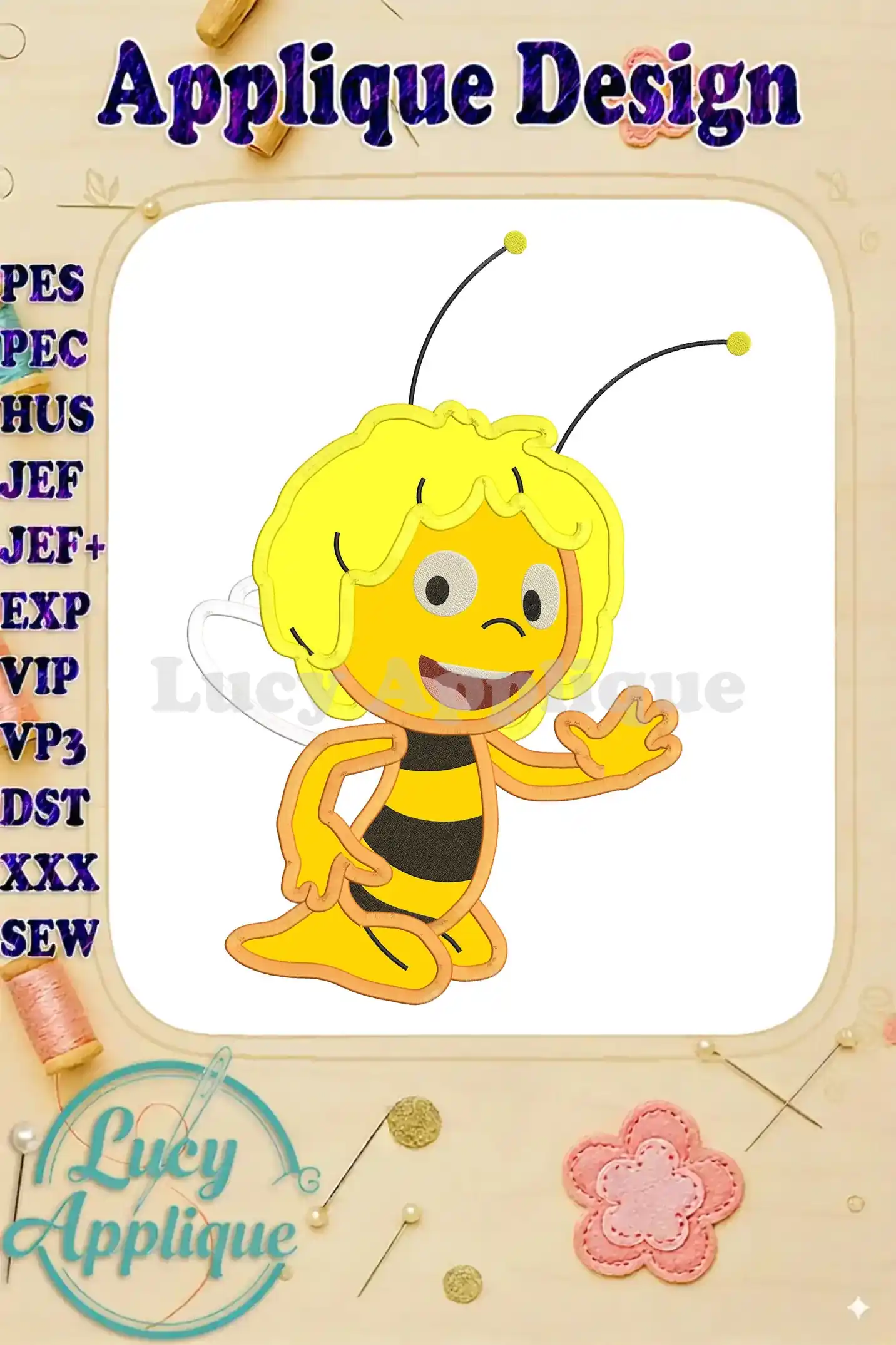 Charming applique design of Maya the Bee, ready to be stitched. The design includes various file formats for different embroidery machines.