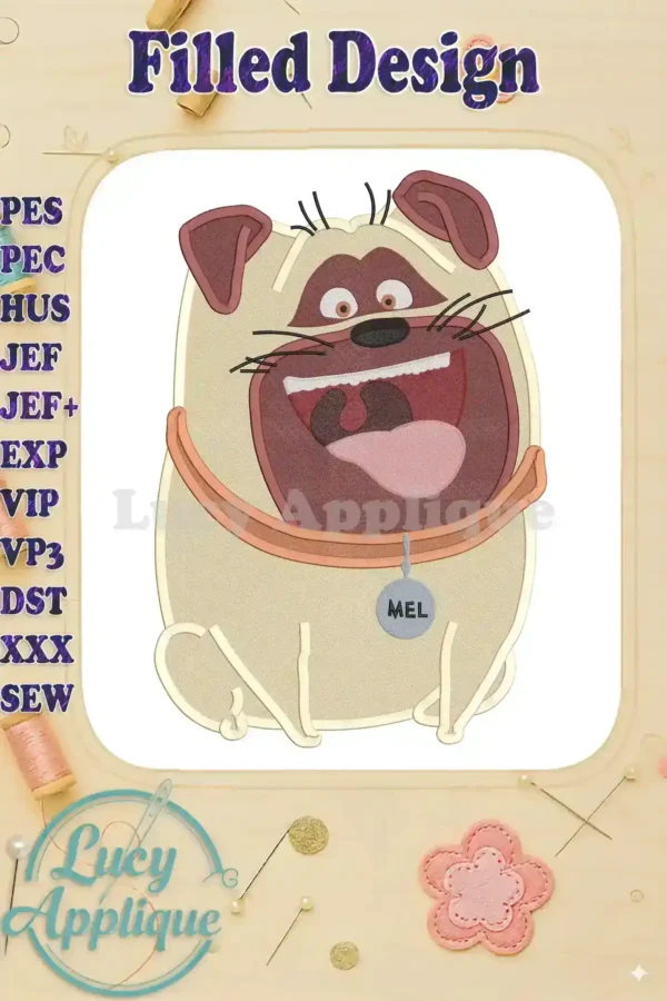 Embroidery design of Mel, the pug from The Secret Life of Pets. The design is filled and shows Mel in a sitting position, wearing a collar, with a happy expression.
