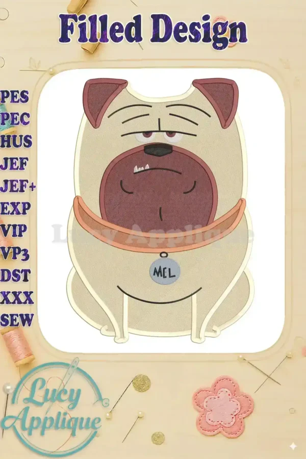 Embroidery design of Mel the Pug from The Secret Life of Pets, a filled design with a cute expression. Perfect for adding to clothing, bags, or home decor. Easy to stitch!