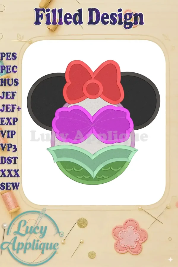 Main image showcasing a filled stitch embroidery design of Mermaid Minnie Mouse, featuring vibrant colors and a charming expression. Perfect for Disney fans and embroidery enthusiasts.